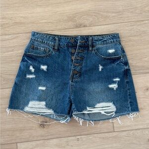 Blue Distressed Jean Shorts with Frayed Hem